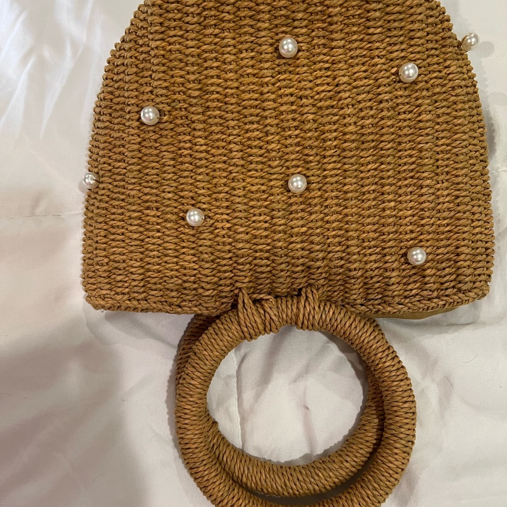 Jcrew Woven Straw Pearl Accent Handbag - Camel.NWOT